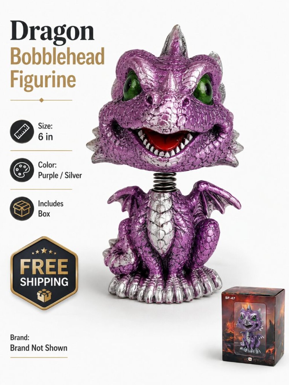 Purple Silver Dragon Bobblehead Figurine 6" Resin SF-47 w/ Original Box